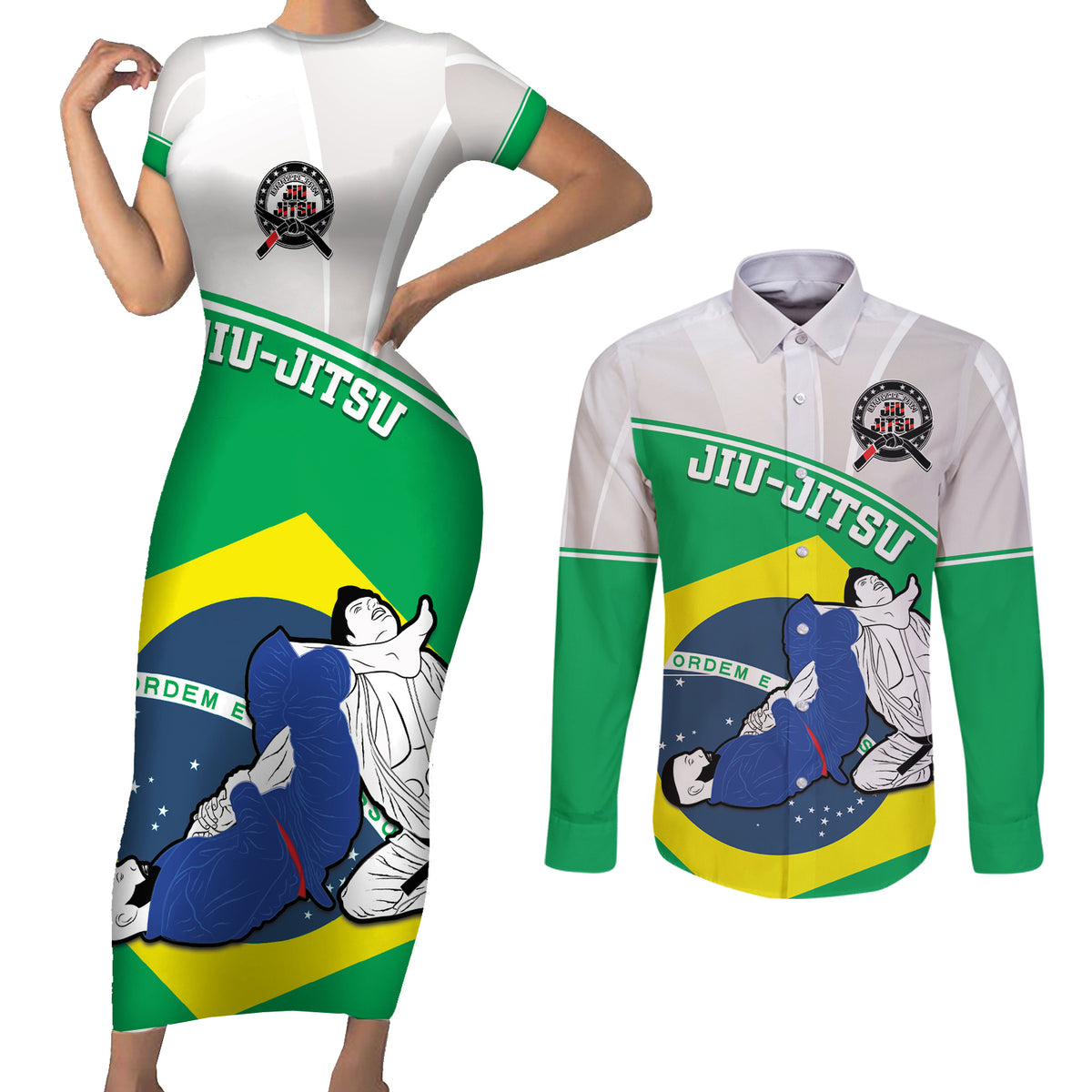 Brazil Jiujitsu Couples Matching Short Sleeve Bodycon Dress and Long Sleeve Button Shirt BJJ 2024 Flag Vibes - Wonder Print Shop