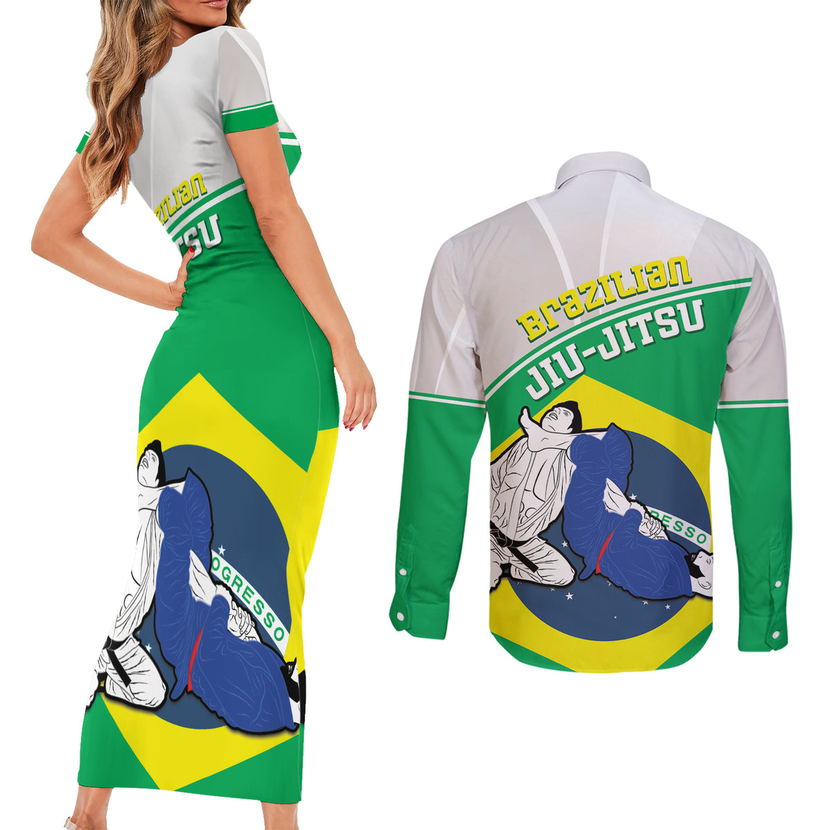 Brazil Jiujitsu Couples Matching Short Sleeve Bodycon Dress and Long Sleeve Button Shirt BJJ 2024 Flag Vibes - Wonder Print Shop