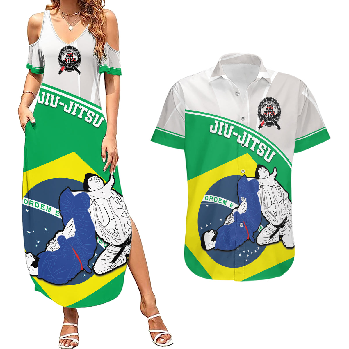 Brazil Jiujitsu Couples Matching Summer Maxi Dress and Hawaiian Shirt BJJ 2024 Flag Vibes - Wonder Print Shop