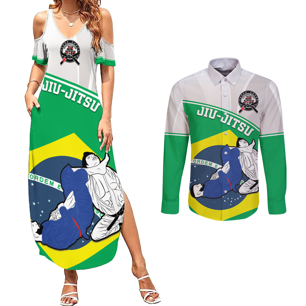 Brazil Jiujitsu Couples Matching Summer Maxi Dress and Long Sleeve Button Shirt BJJ 2024 Flag Vibes - Wonder Print Shop
