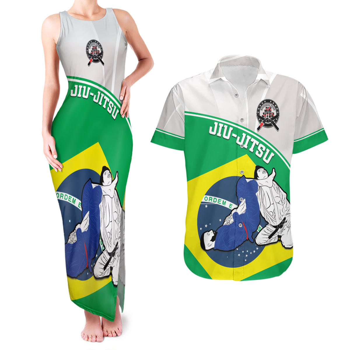Brazil Jiujitsu Couples Matching Tank Maxi Dress and Hawaiian Shirt BJJ 2024 Flag Vibes - Wonder Print Shop