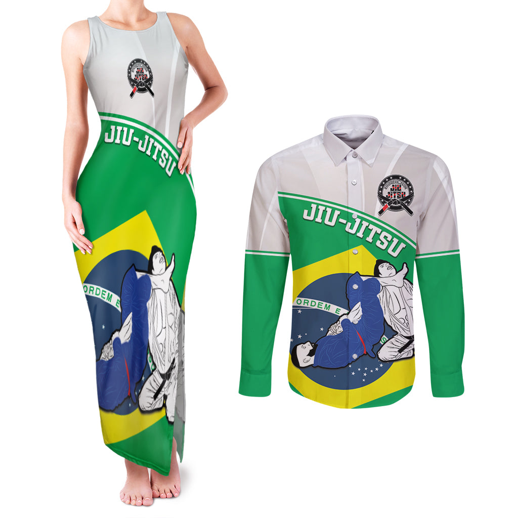 Brazil Jiujitsu Couples Matching Tank Maxi Dress and Long Sleeve Button Shirt BJJ 2024 Flag Vibes - Wonder Print Shop