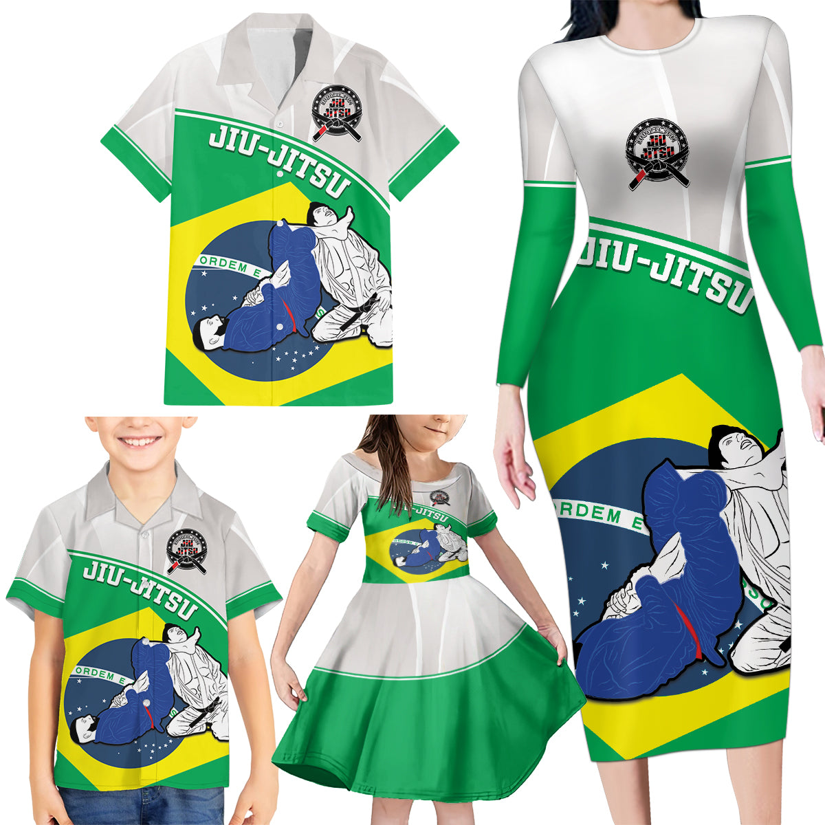 Brazil Jiujitsu Family Matching Long Sleeve Bodycon Dress and Hawaiian Shirt BJJ 2024 Flag Vibes - Wonder Print Shop