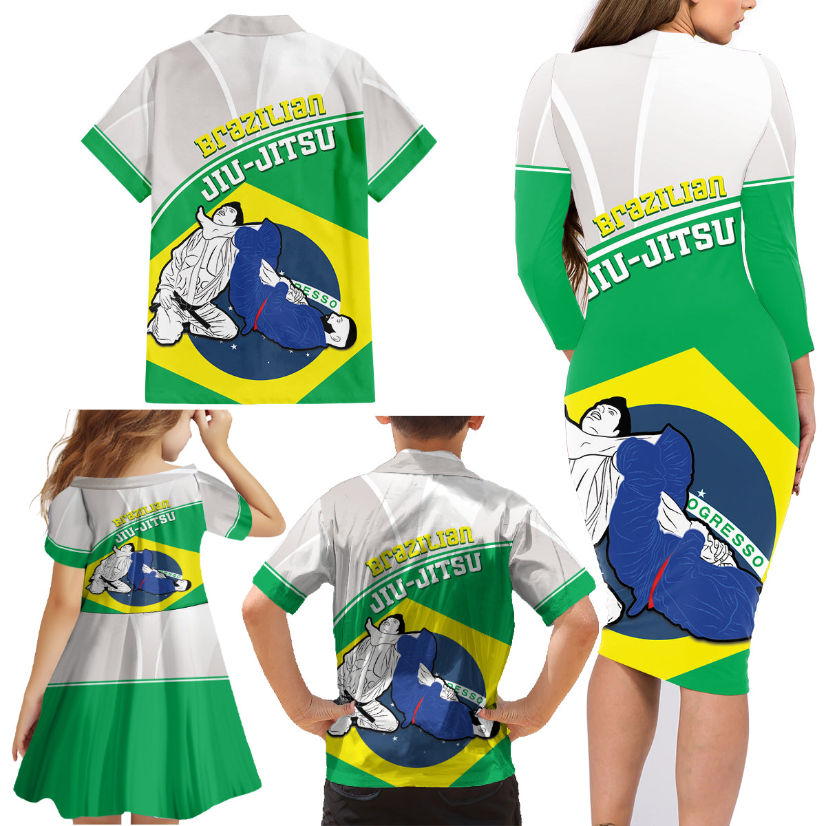 Brazil Jiujitsu Family Matching Long Sleeve Bodycon Dress and Hawaiian Shirt BJJ 2024 Flag Vibes - Wonder Print Shop