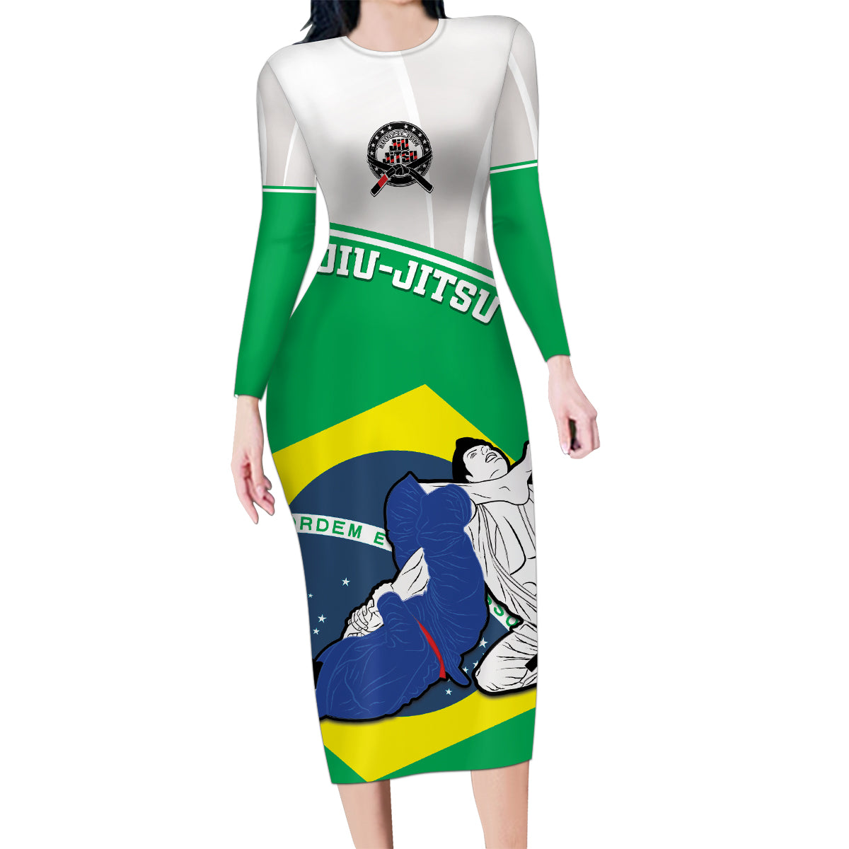 Brazil Jiujitsu Family Matching Long Sleeve Bodycon Dress and Hawaiian Shirt BJJ 2024 Flag Vibes - Wonder Print Shop