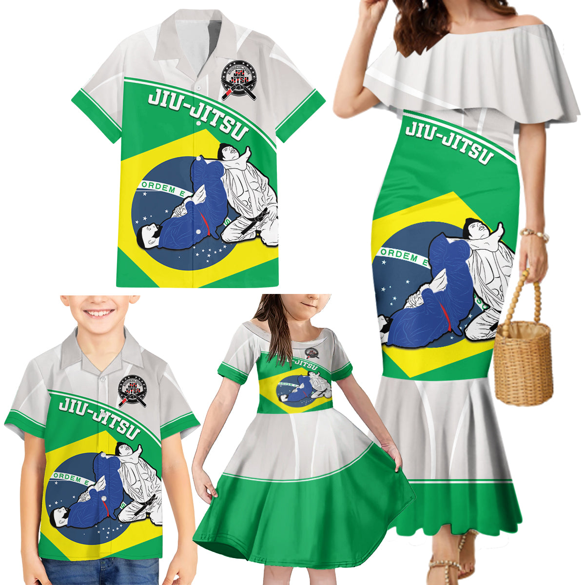 Brazil Jiujitsu Family Matching Mermaid Dress and Hawaiian Shirt BJJ 2024 Flag Vibes - Wonder Print Shop