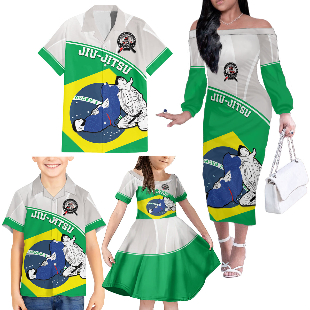 Brazil Jiujitsu Family Matching Off Shoulder Long Sleeve Dress and Hawaiian Shirt BJJ 2024 Flag Vibes - Wonder Print Shop