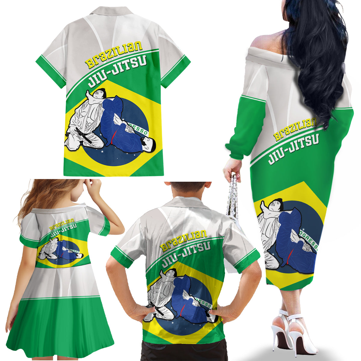 Brazil Jiujitsu Family Matching Off Shoulder Long Sleeve Dress and Hawaiian Shirt BJJ 2024 Flag Vibes - Wonder Print Shop