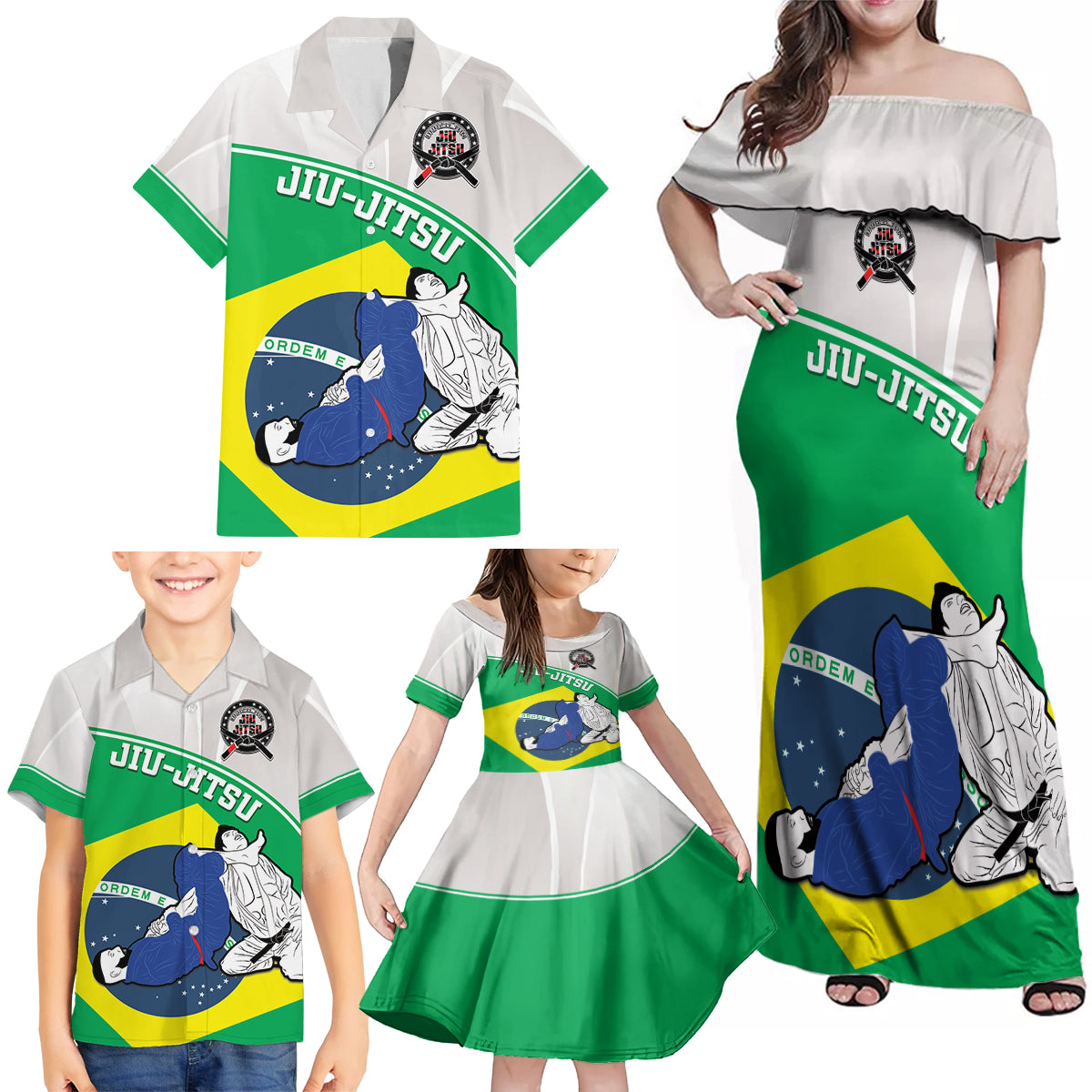 Brazil Jiujitsu Family Matching Off Shoulder Maxi Dress and Hawaiian Shirt BJJ 2024 Flag Vibes - Wonder Print Shop
