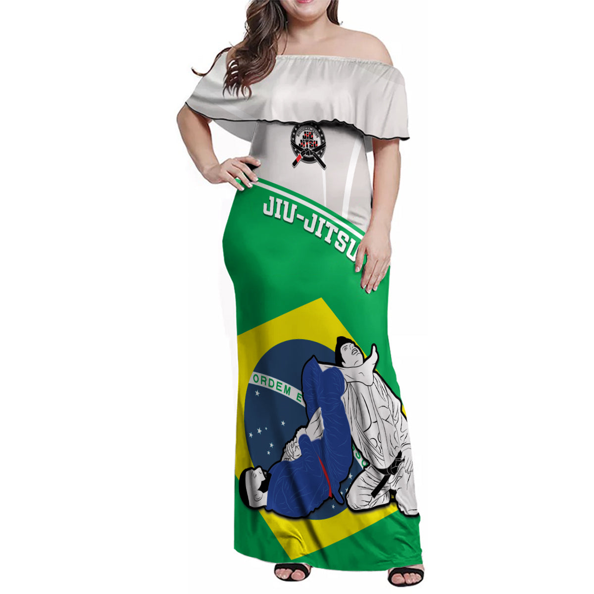 Brazil Jiujitsu Family Matching Off Shoulder Maxi Dress and Hawaiian Shirt BJJ 2024 Flag Vibes - Wonder Print Shop