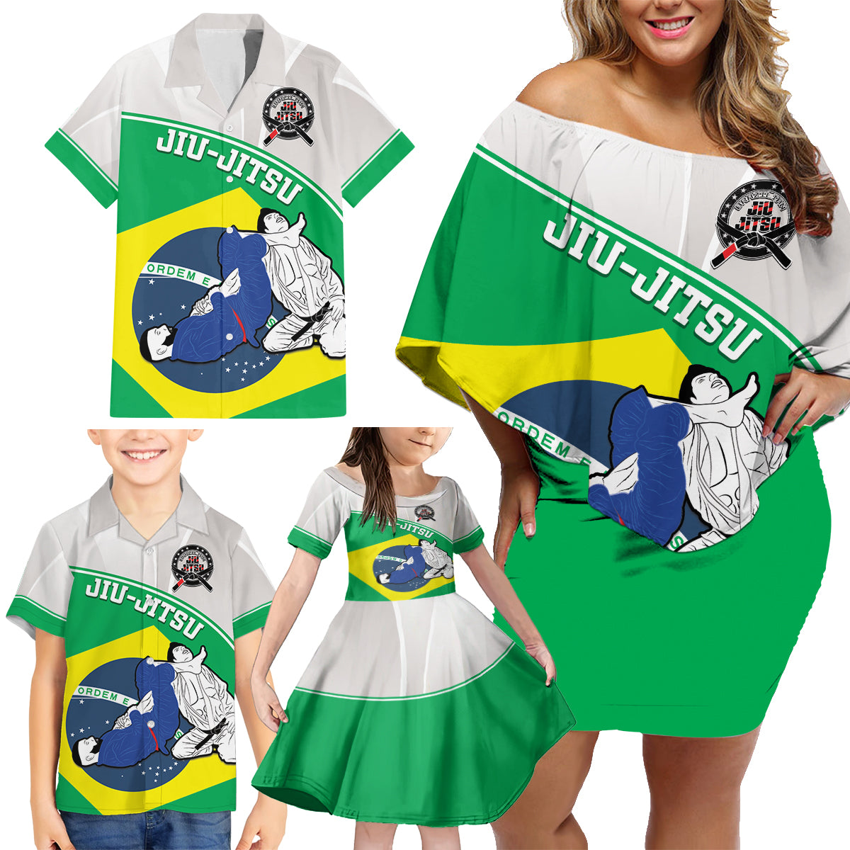 Brazil Jiujitsu Family Matching Off Shoulder Short Dress and Hawaiian Shirt BJJ 2024 Flag Vibes - Wonder Print Shop