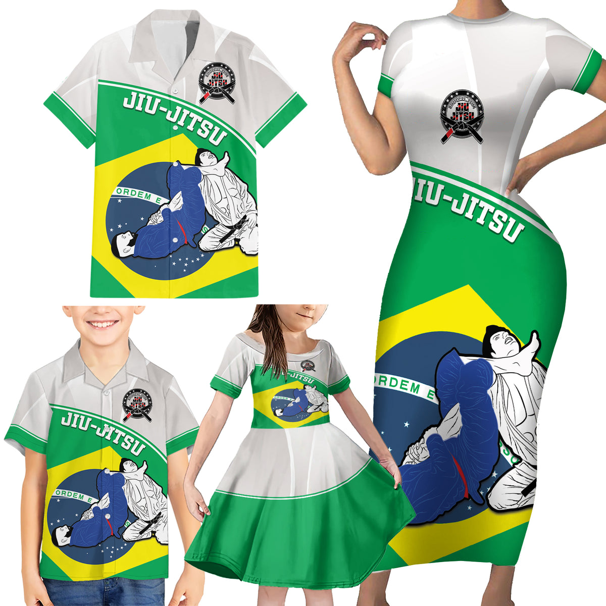 Brazil Jiujitsu Family Matching Short Sleeve Bodycon Dress and Hawaiian Shirt BJJ 2024 Flag Vibes - Wonder Print Shop