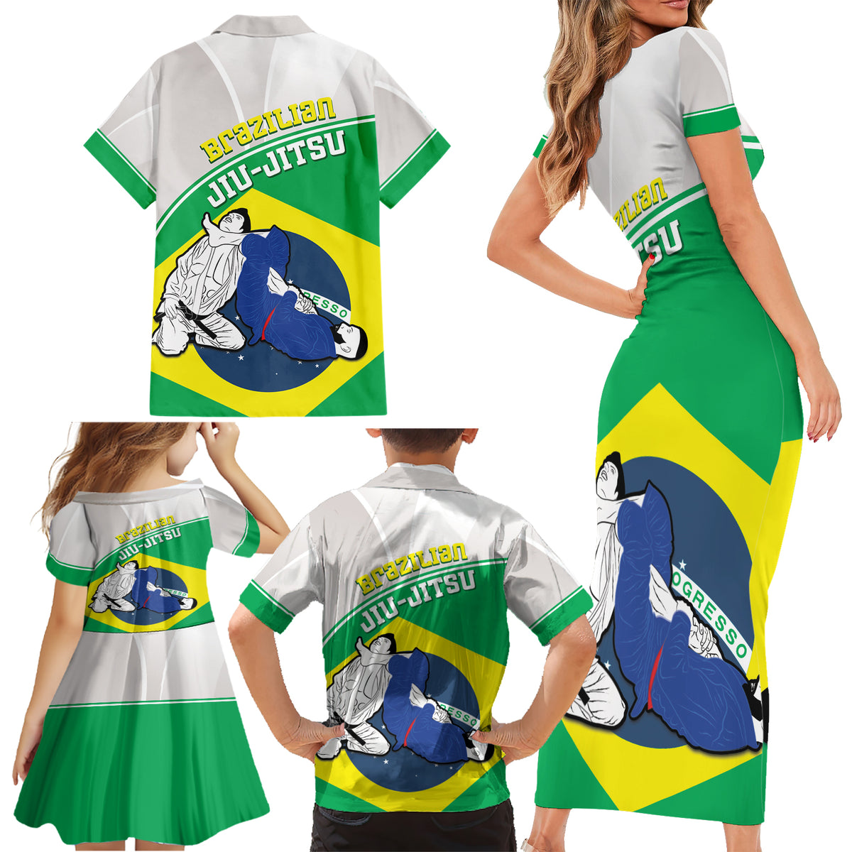 Brazil Jiujitsu Family Matching Short Sleeve Bodycon Dress and Hawaiian Shirt BJJ 2024 Flag Vibes - Wonder Print Shop
