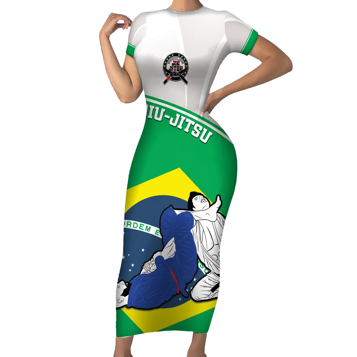 Brazil Jiujitsu Family Matching Short Sleeve Bodycon Dress and Hawaiian Shirt BJJ 2024 Flag Vibes - Wonder Print Shop