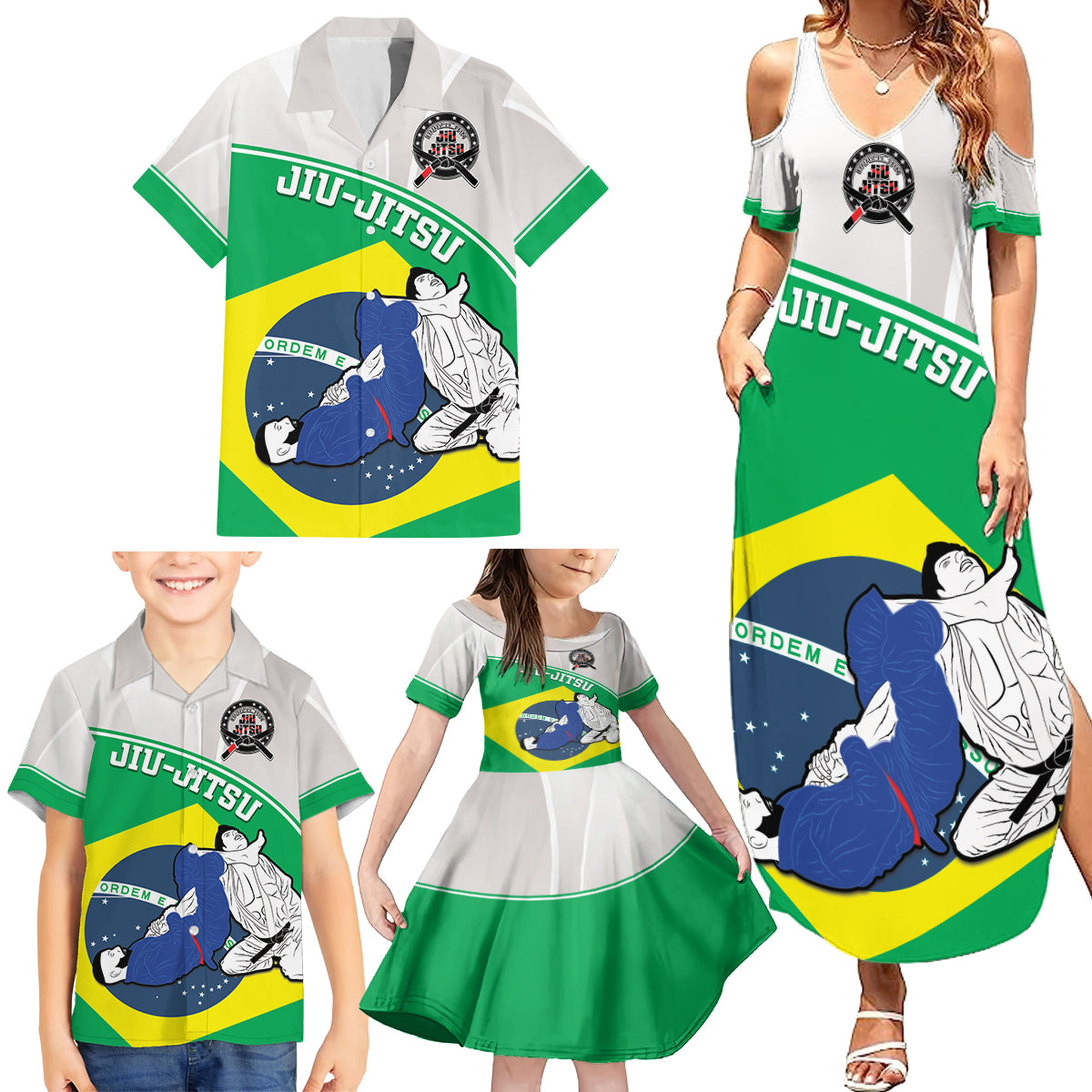 Brazil Jiujitsu Family Matching Summer Maxi Dress and Hawaiian Shirt BJJ 2024 Flag Vibes - Wonder Print Shop