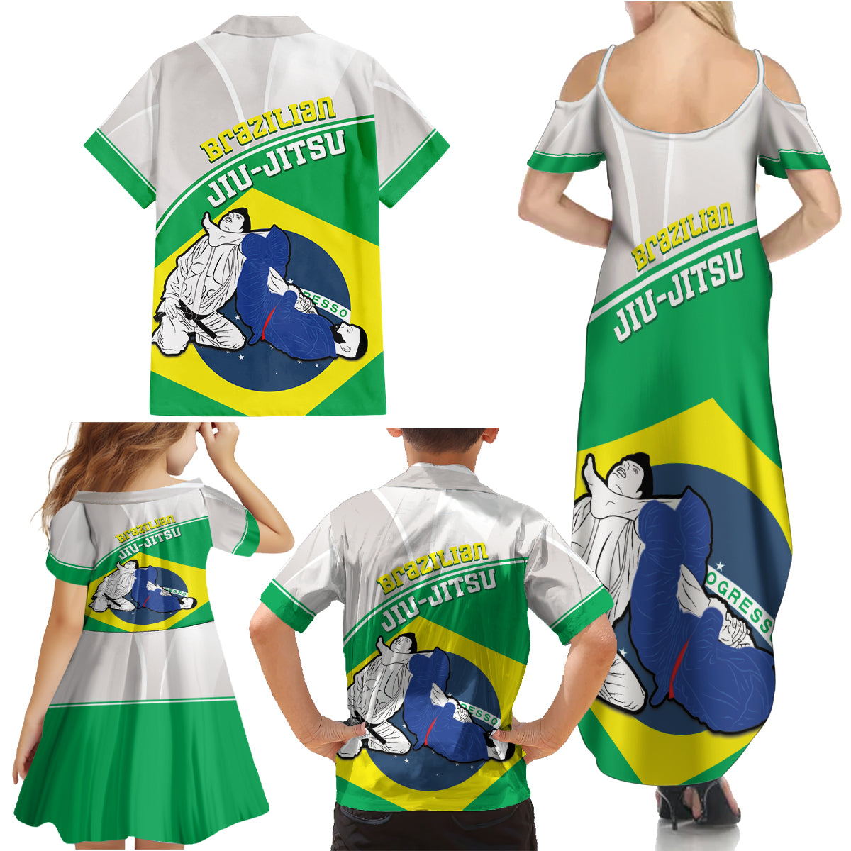 Brazil Jiujitsu Family Matching Summer Maxi Dress and Hawaiian Shirt BJJ 2024 Flag Vibes - Wonder Print Shop