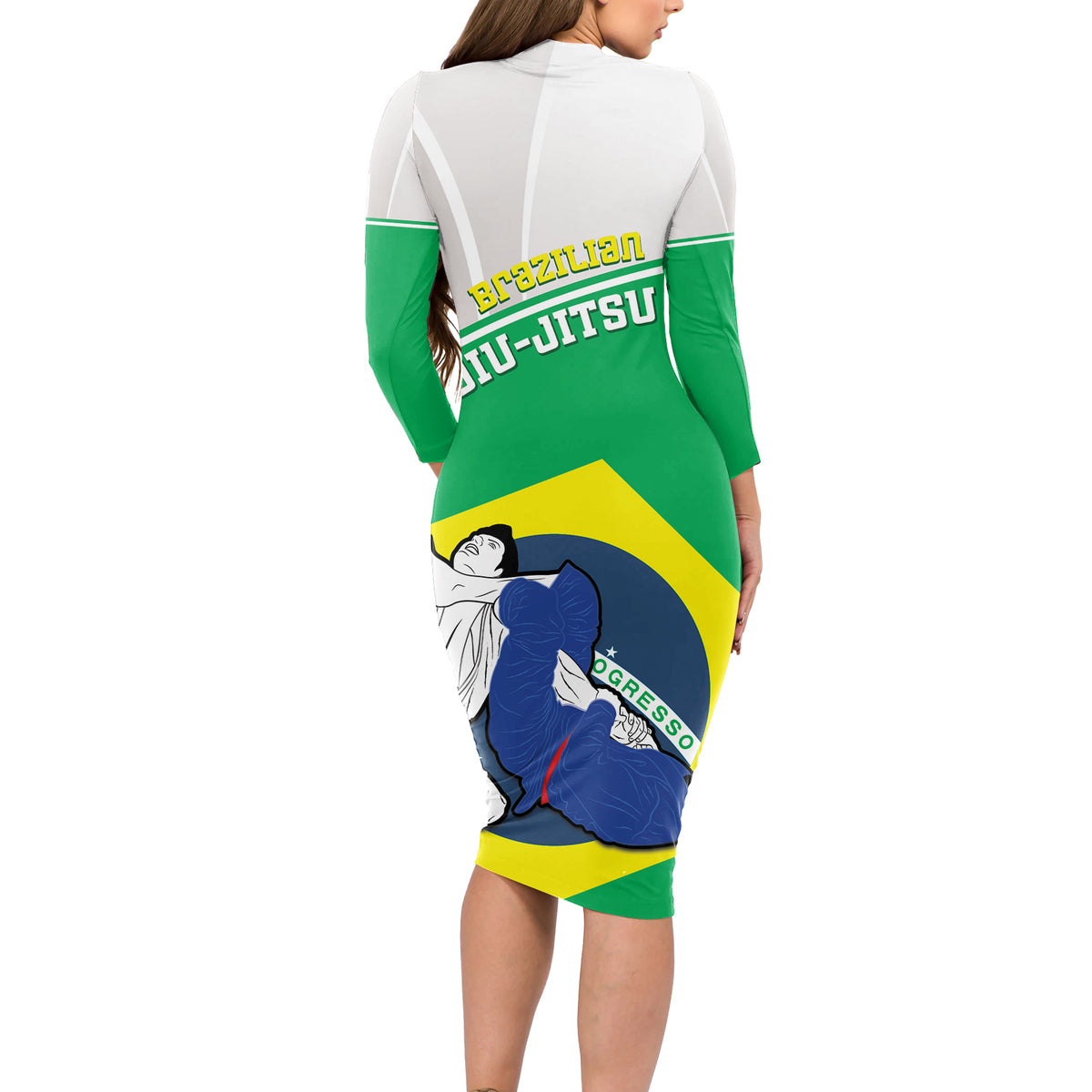 Brazil Jiujitsu Long Sleeve Bodycon Dress BJJ 2024 Flag Vibes - Wonder Print Shop