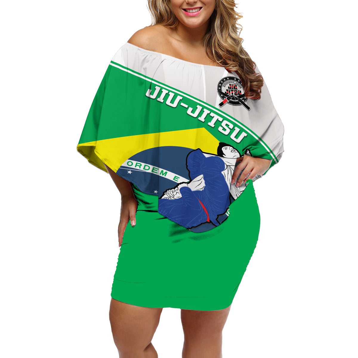 Brazil Jiujitsu Off Shoulder Short Dress BJJ 2024 Flag Vibes - Wonder Print Shop