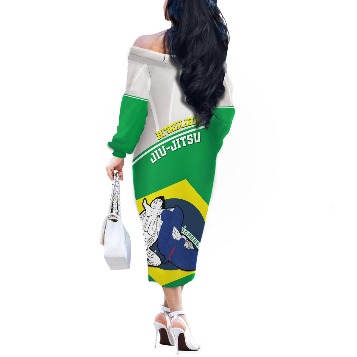 Brazil Jiujitsu Off The Shoulder Long Sleeve Dress BJJ 2024 Flag Vibes - Wonder Print Shop