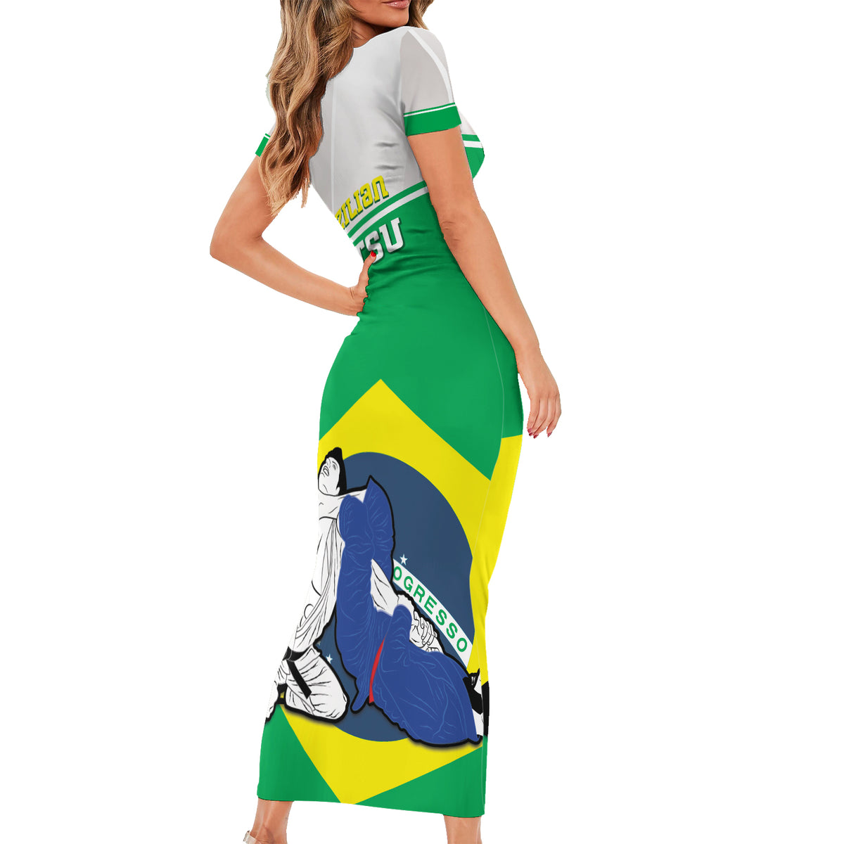 Brazil Jiujitsu Short Sleeve Bodycon Dress BJJ 2024 Flag Vibes - Wonder Print Shop