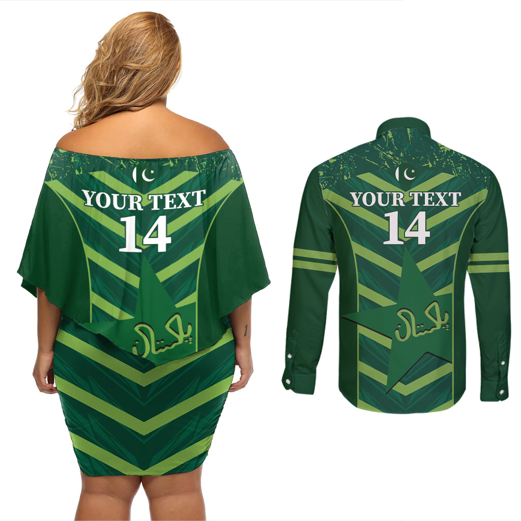 Custom Pakistan Cricket Couples Matching Off Shoulder Short Dress and Long Sleeve Button Shirt 2024 World Cup Go Shaheens - Wonder Print Shop