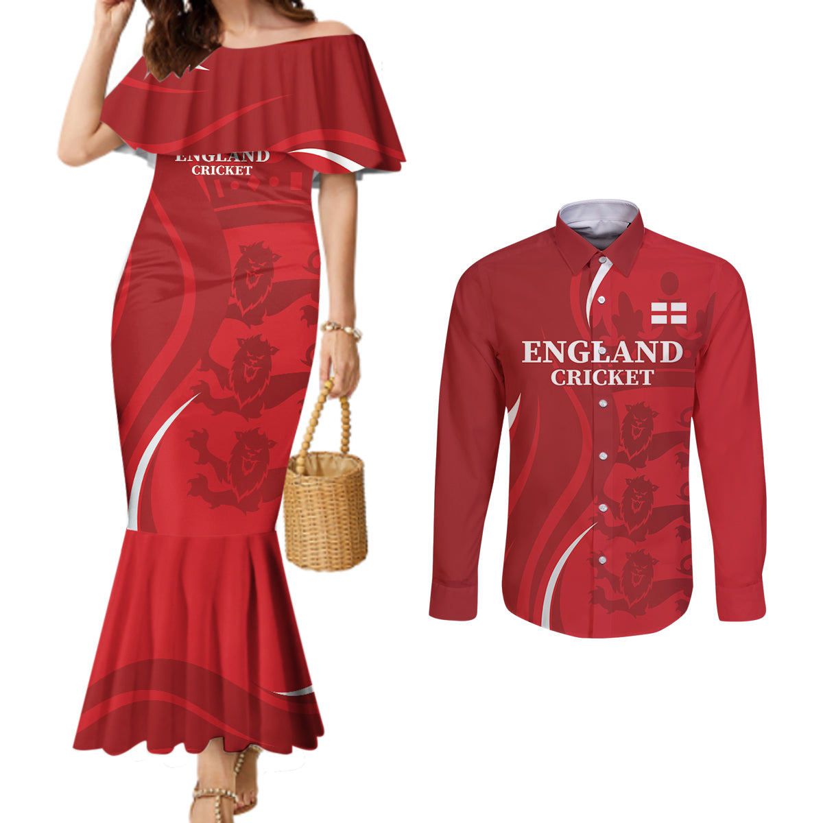 Custom England Cricket Couples Matching Mermaid Dress and Long Sleeve Button Shirt 2024 World Cup Go Champions
