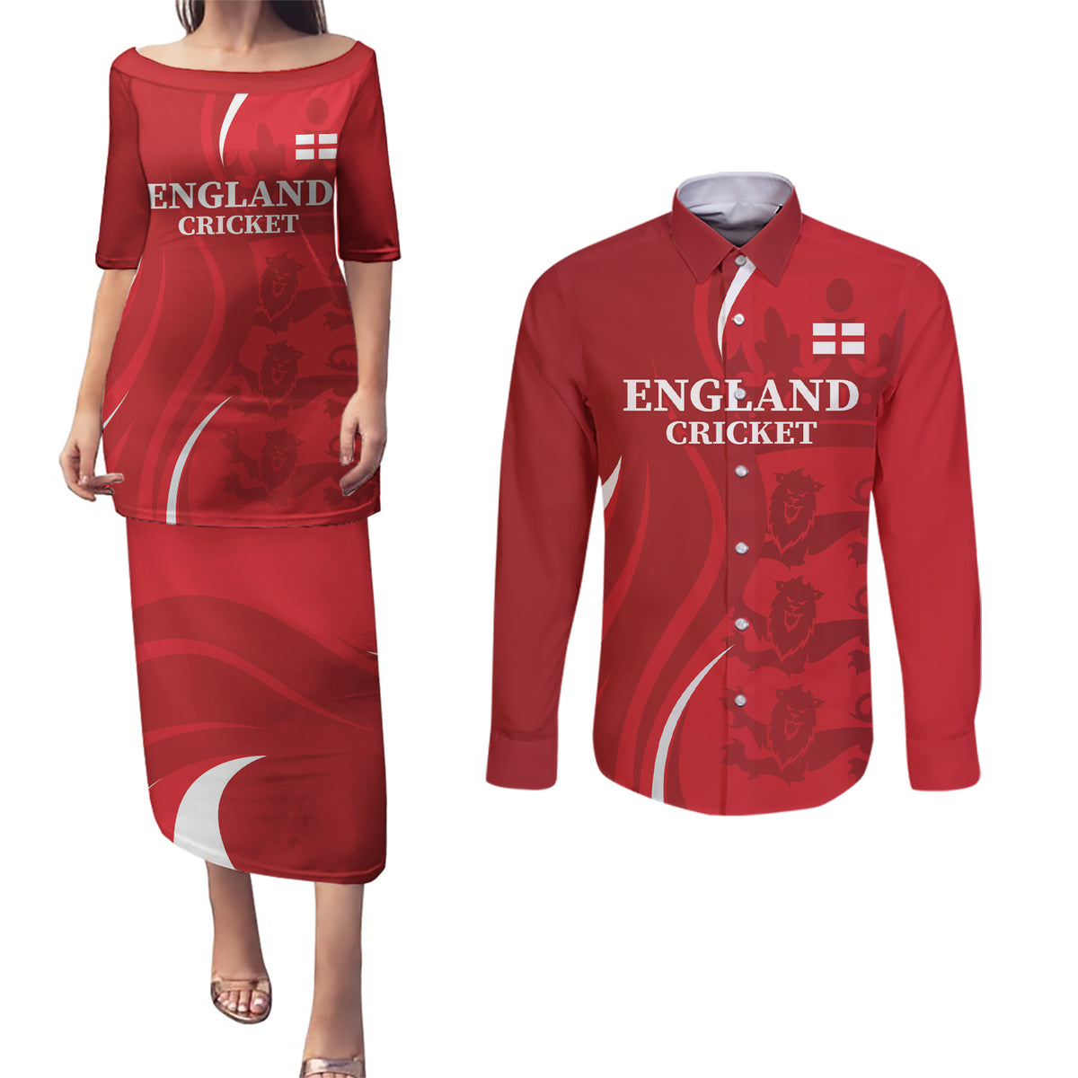 Custom England Cricket Couples Matching Puletasi and Long Sleeve Button Shirt 2024 World Cup Go Champions - Wonder Print Shop