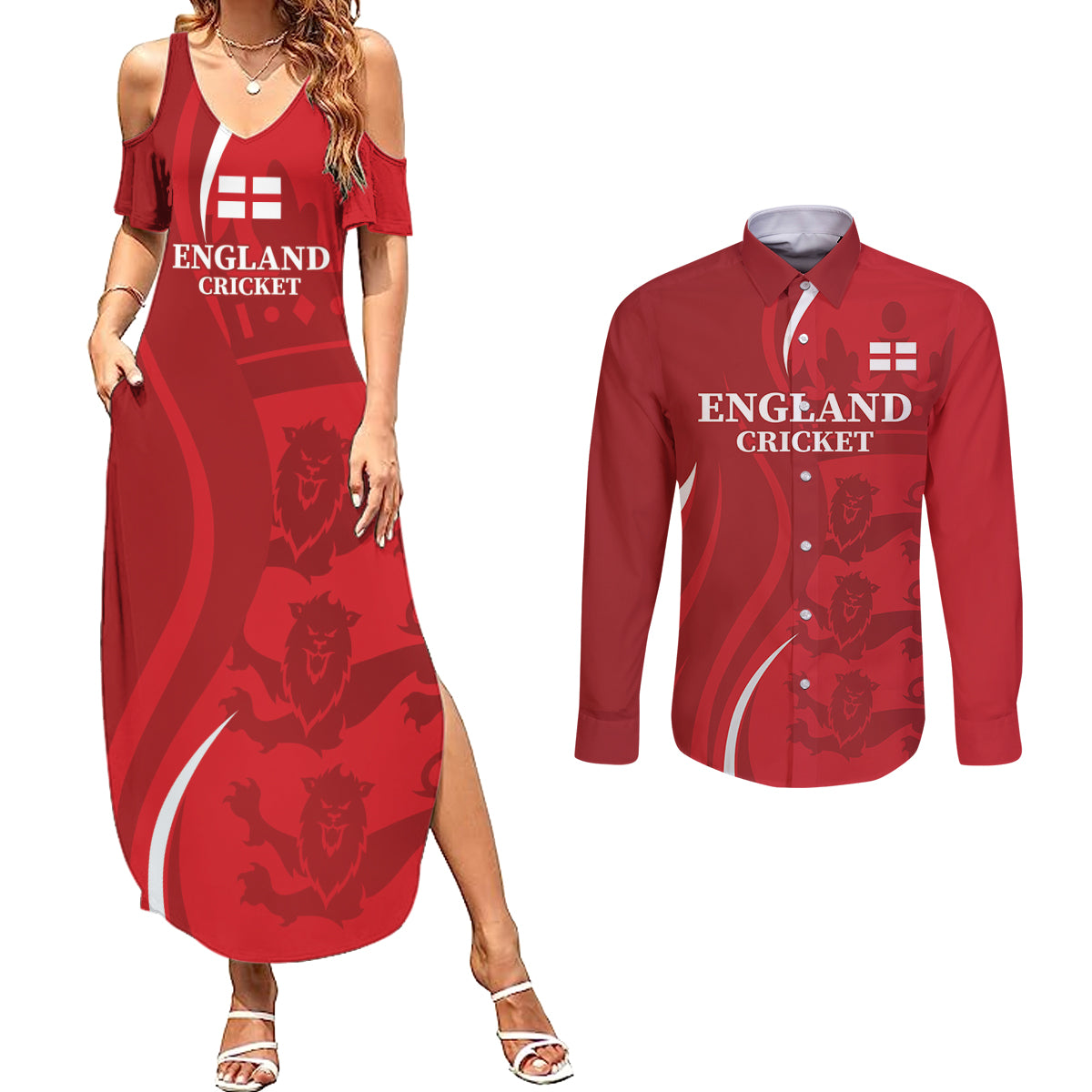 Custom England Cricket Couples Matching Summer Maxi Dress and Long Sleeve Button Shirt 2024 World Cup Go Champions