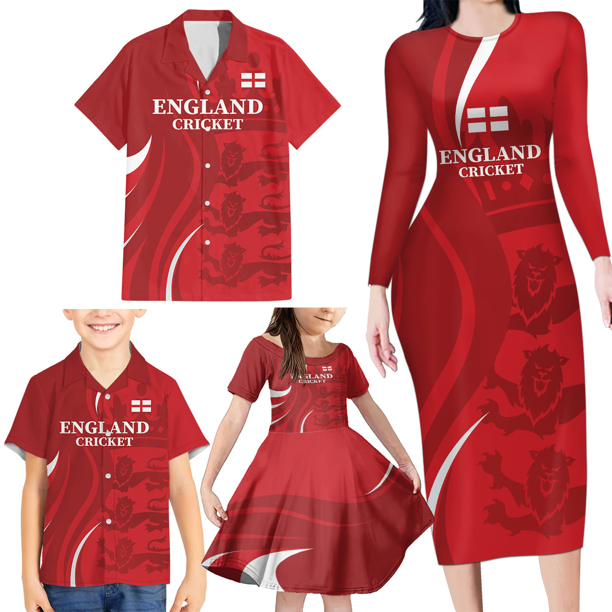 Custom England Cricket Family Matching Long Sleeve Bodycon Dress and Hawaiian Shirt 2024 World Cup Go Champions