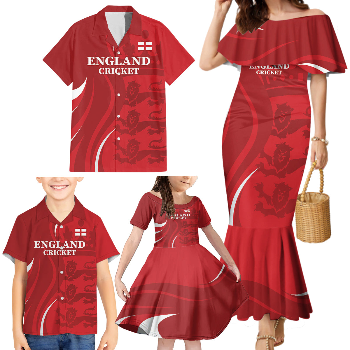 Custom England Cricket Family Matching Mermaid Dress and Hawaiian Shirt 2024 World Cup Go Champions - Wonder Print Shop