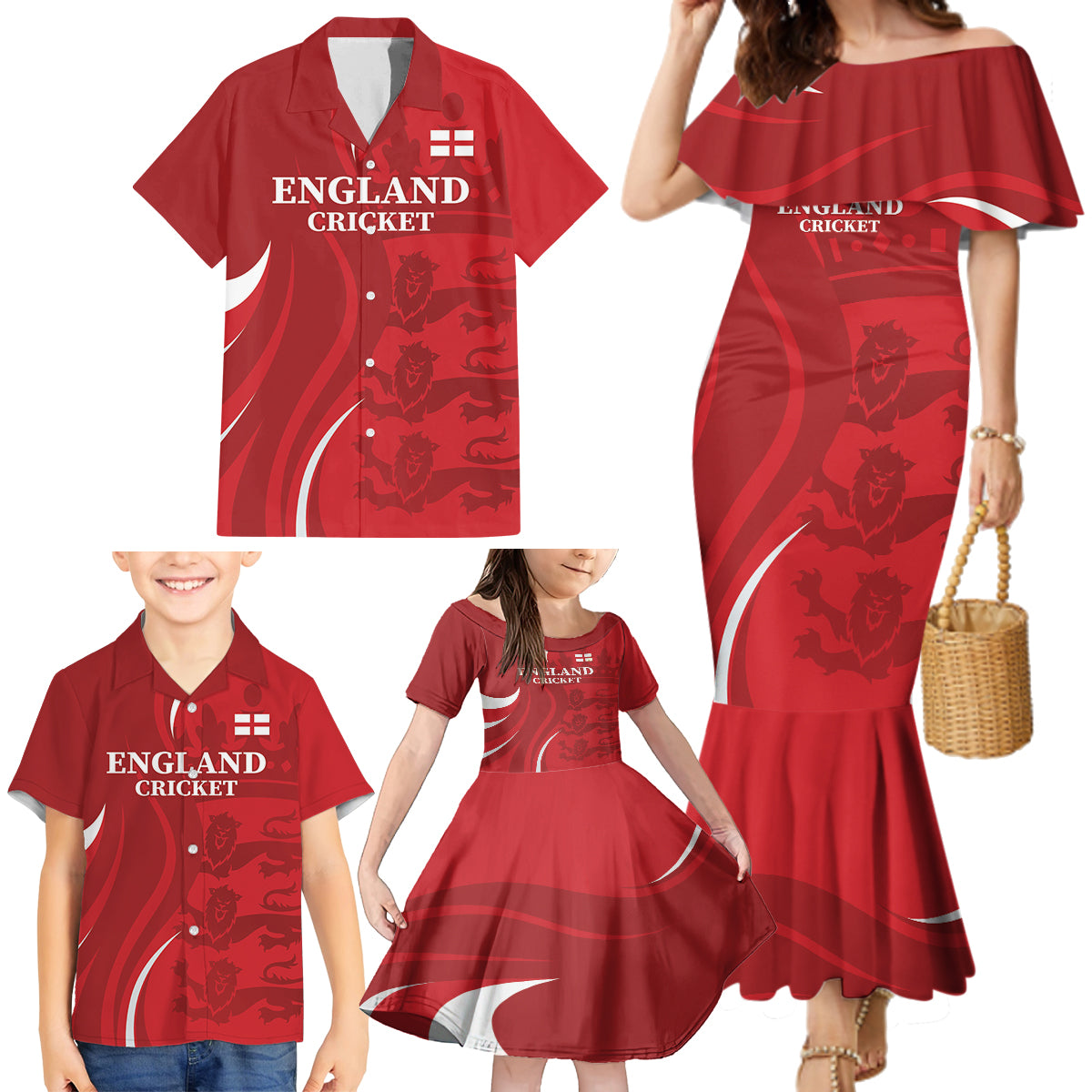 Custom England Cricket Family Matching Mermaid Dress and Hawaiian Shirt 2024 World Cup Go Champions