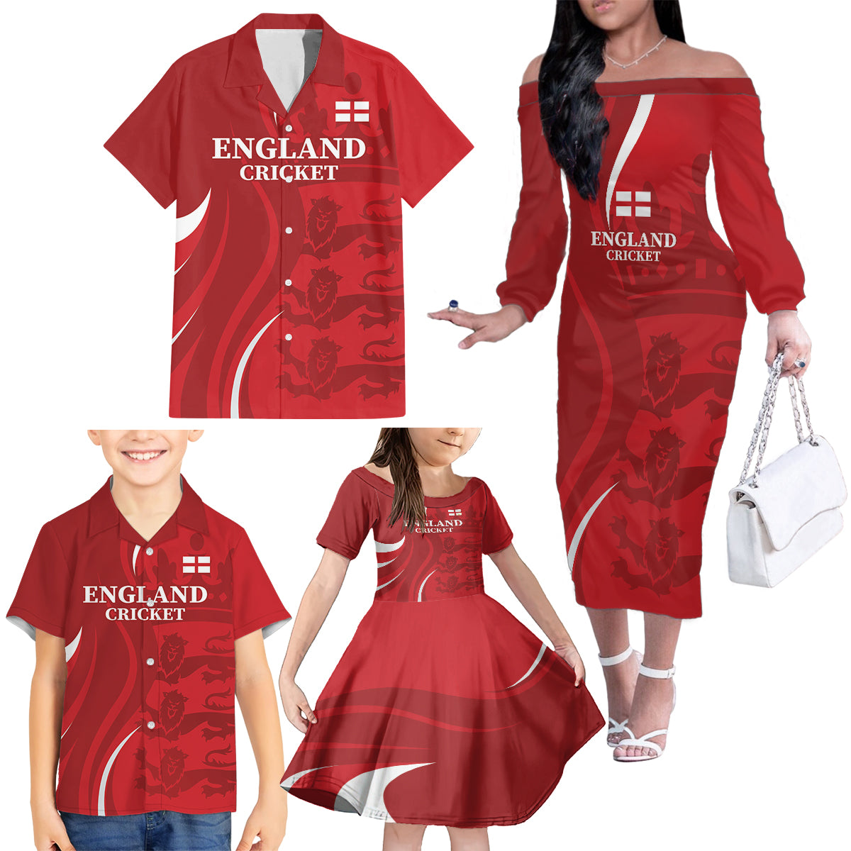 Custom England Cricket Family Matching Off The Shoulder Long Sleeve Dress and Hawaiian Shirt 2024 World Cup Go Champions