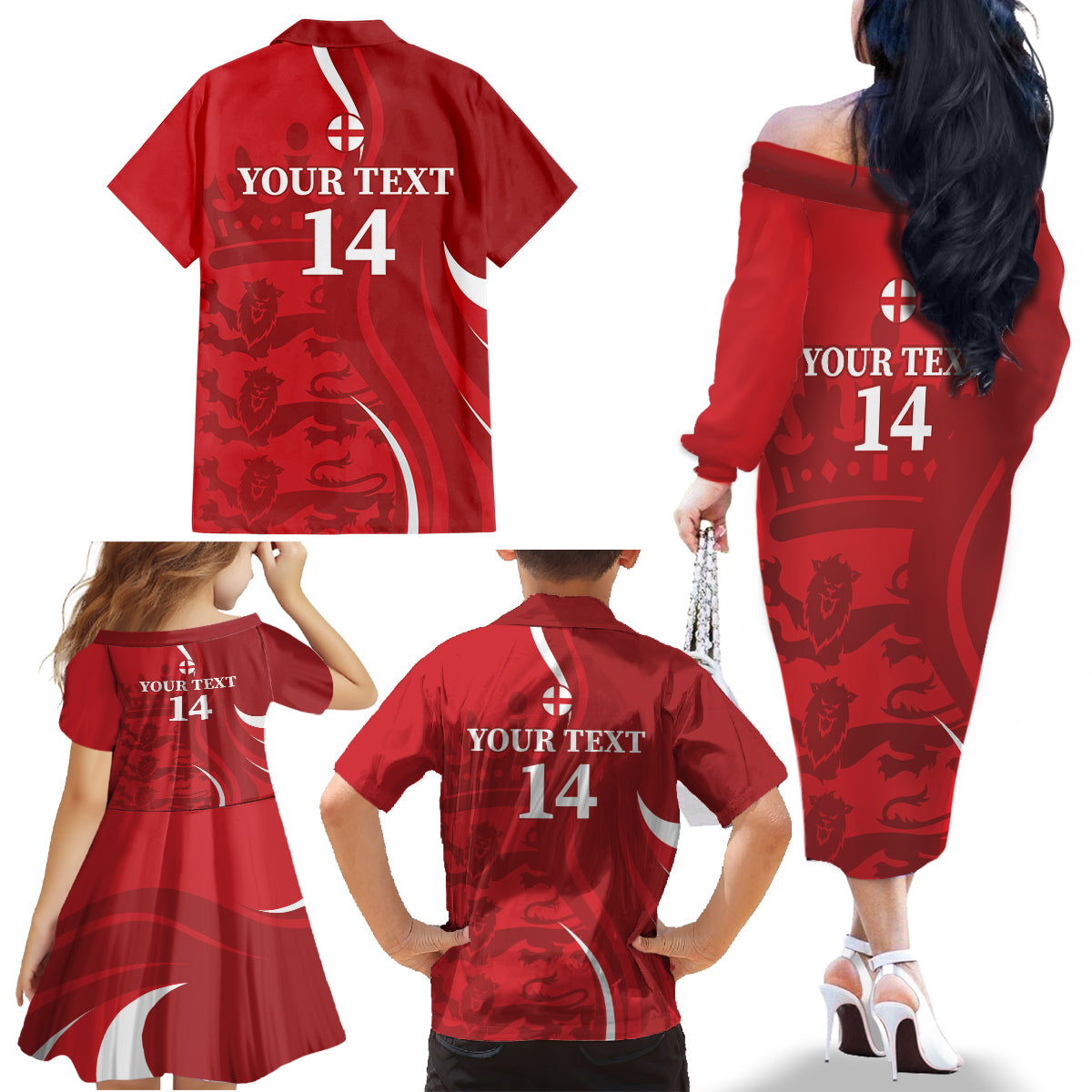 Custom England Cricket Family Matching Off The Shoulder Long Sleeve Dress and Hawaiian Shirt 2024 World Cup Go Champions - Wonder Print Shop