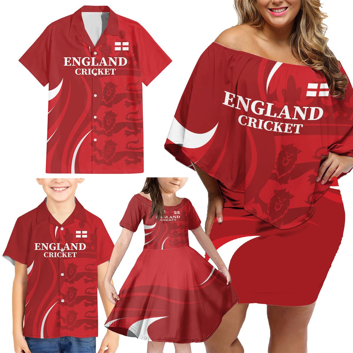 Custom England Cricket Family Matching Off Shoulder Short Dress and Hawaiian Shirt 2024 World Cup Go Champions