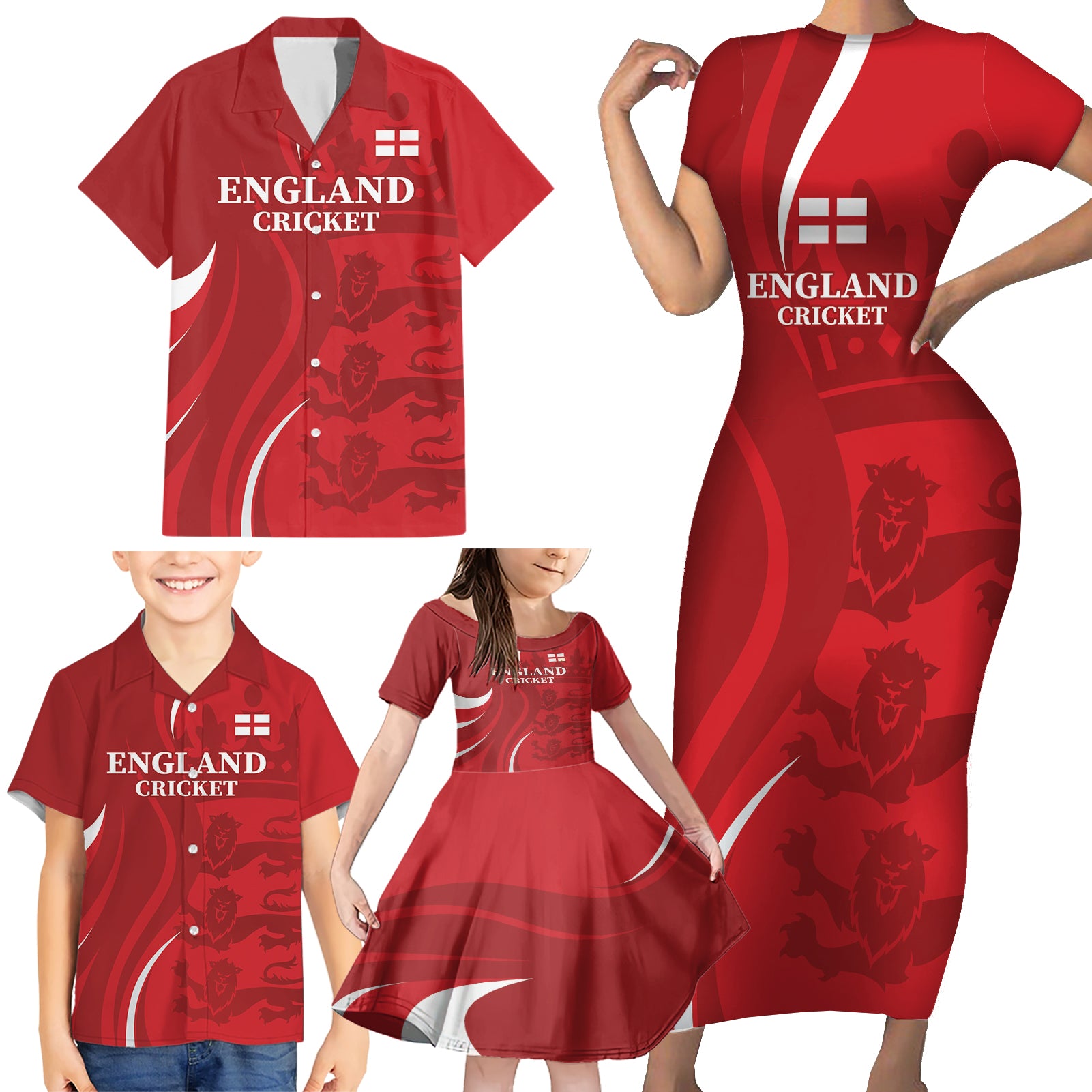 Custom England Cricket Family Matching Short Sleeve Bodycon Dress and Hawaiian Shirt 2024 World Cup Go Champions