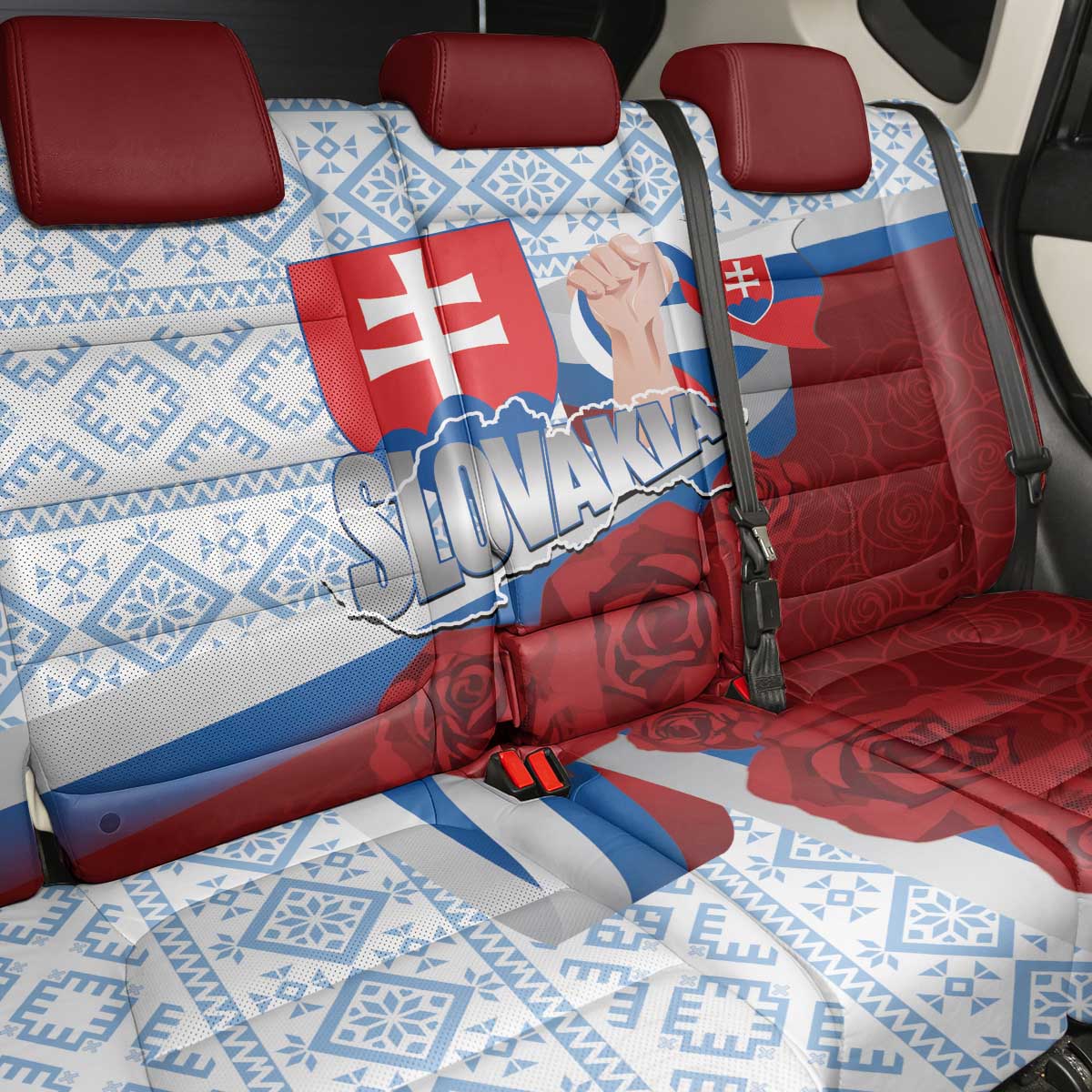 Slovakia Independence Day Back Car Seat Cover Slovak Map With Rosa Slavic Pattern
