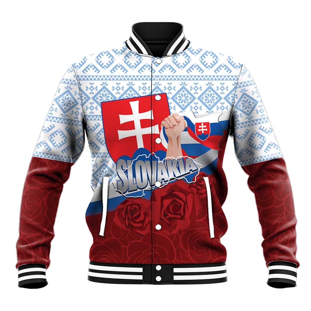 Slovakia Independence Day Baseball Jacket Slovak Map With Rosa Slavic Pattern