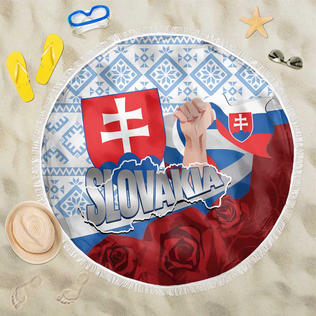 Slovakia Independence Day Beach Blanket Slovak Map With Rosa Slavic Pattern