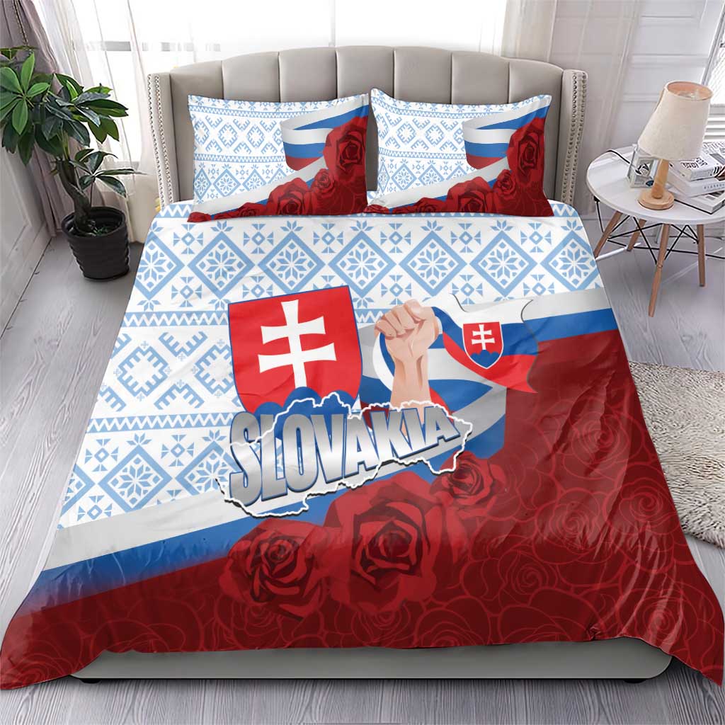 Slovakia Independence Day Bedding Set Slovak Map With Rosa Slavic Pattern
