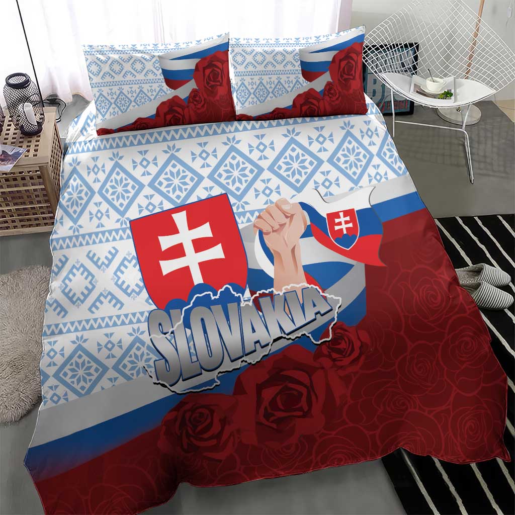 Slovakia Independence Day Bedding Set Slovak Map With Rosa Slavic Pattern