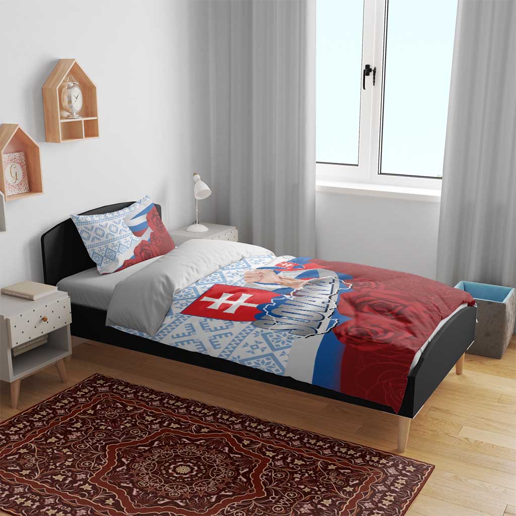 Slovakia Independence Day Bedding Set Slovak Map With Rosa Slavic Pattern