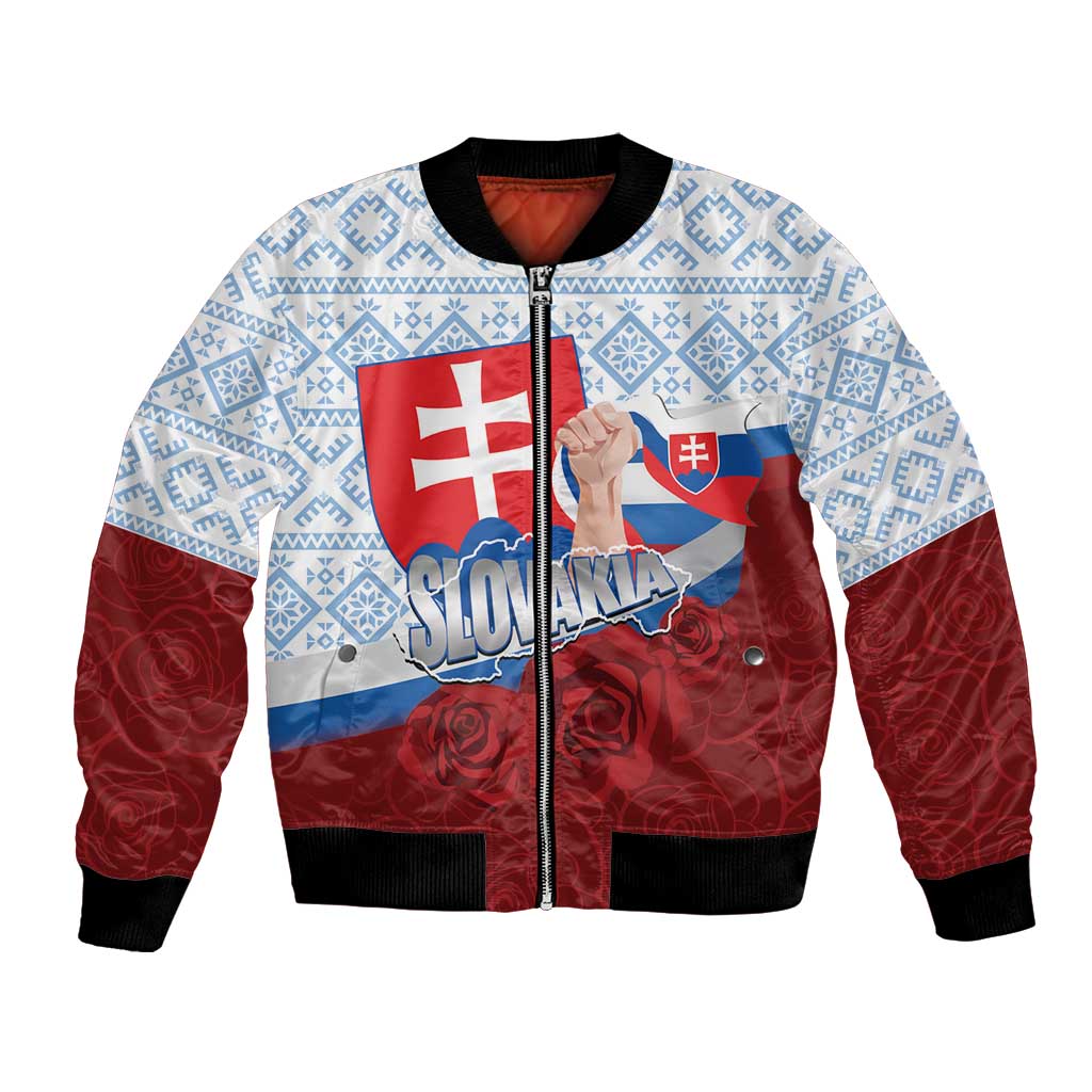 Slovakia Independence Day Bomber Jacket Slovak Map With Rosa Slavic Pattern