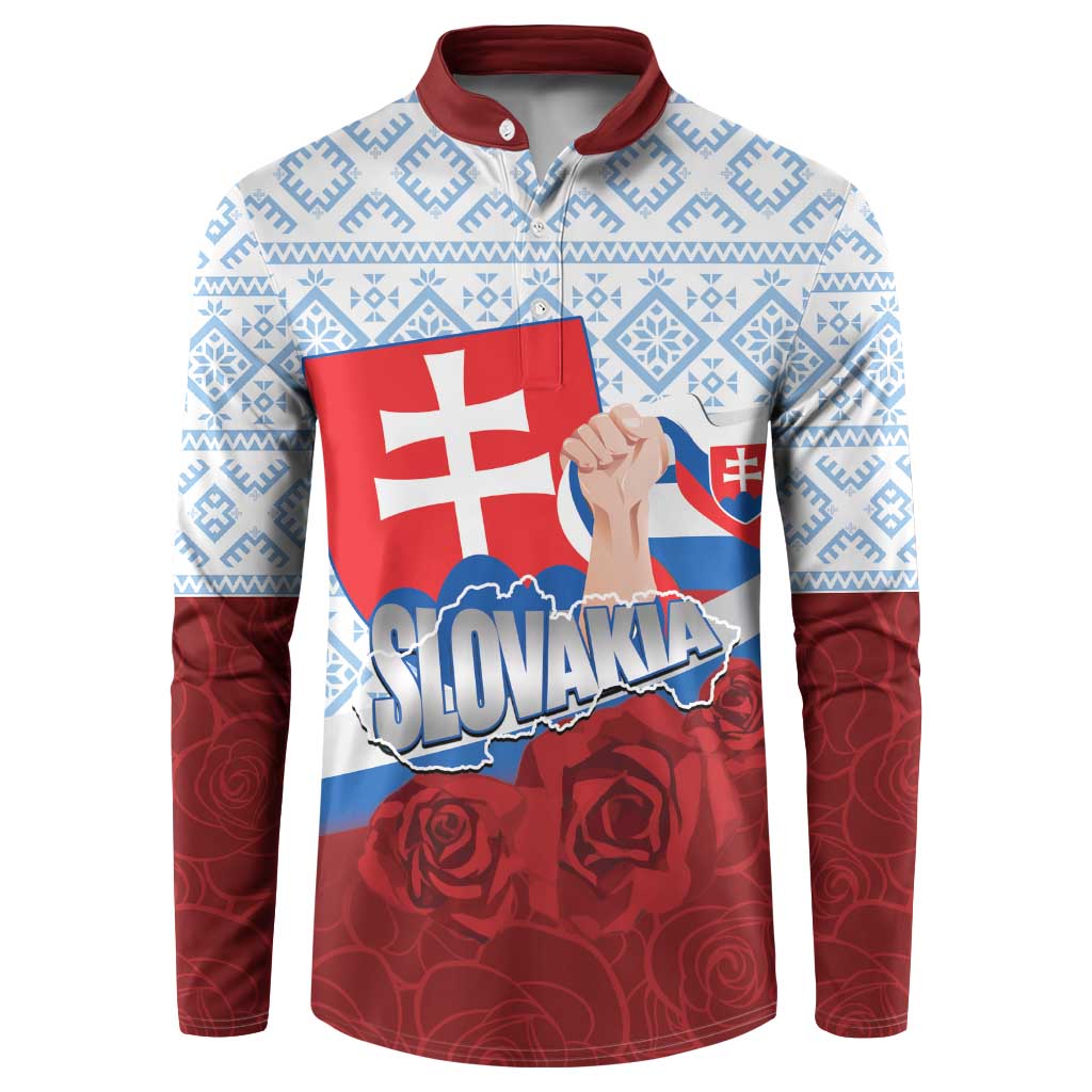 Slovakia Independence Day Button Sweatshirt Slovak Map With Rosa Slavic Pattern