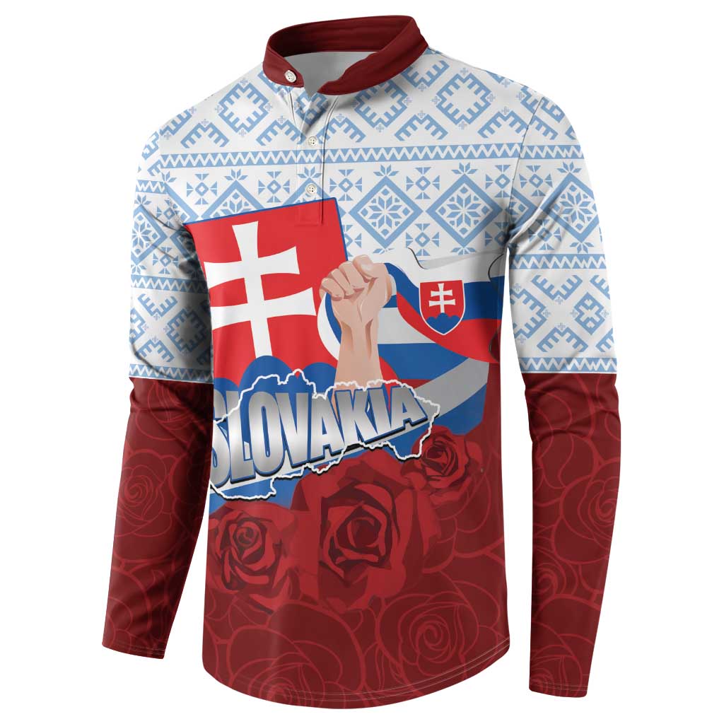 Slovakia Independence Day Button Sweatshirt Slovak Map With Rosa Slavic Pattern