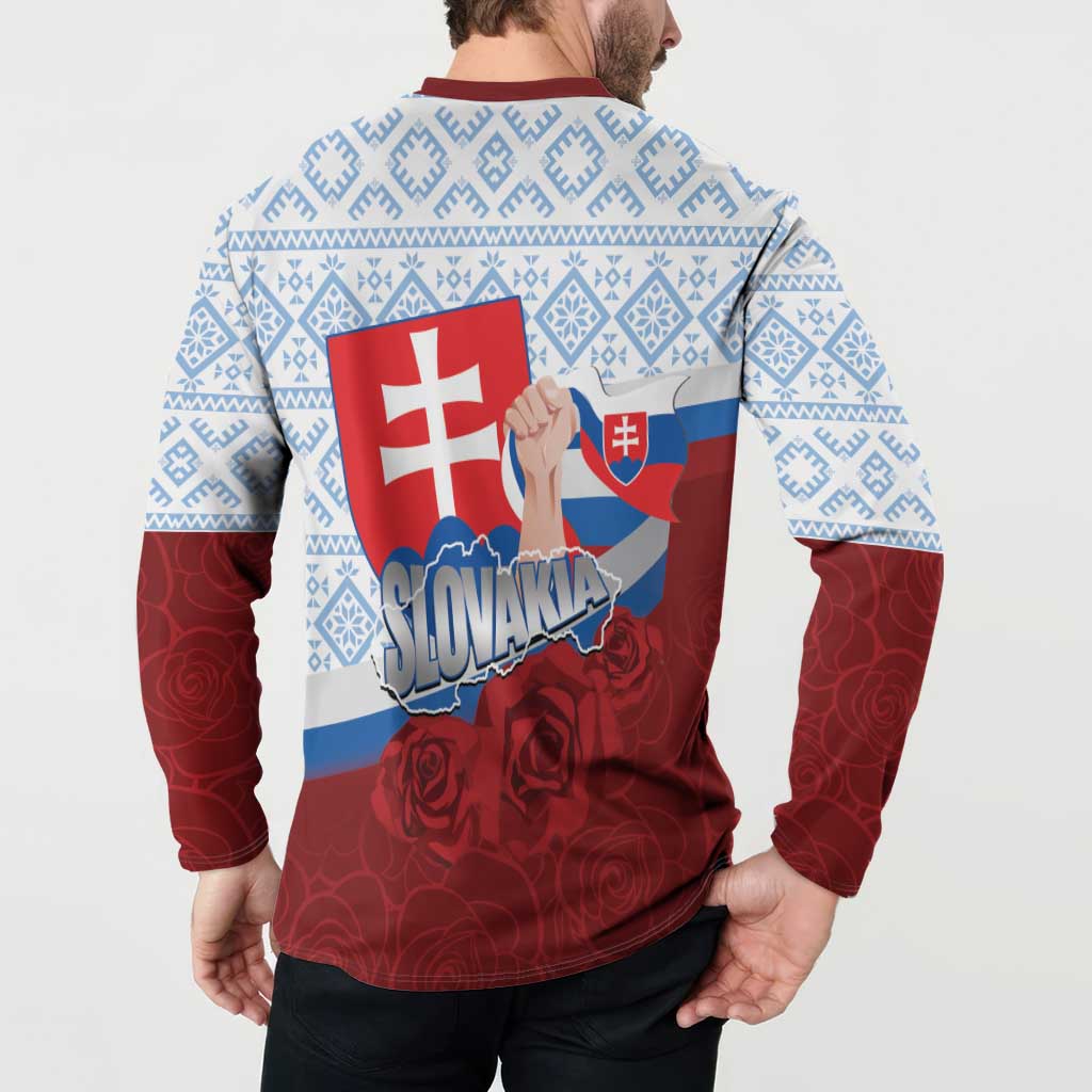 Slovakia Independence Day Button Sweatshirt Slovak Map With Rosa Slavic Pattern