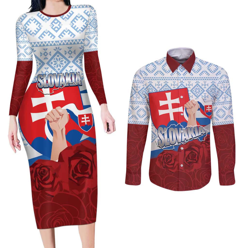 Slovakia Independence Day Couples Matching Long Sleeve Bodycon Dress and Long Sleeve Button Shirt Slovak Map With Rosa Slavic Pattern
