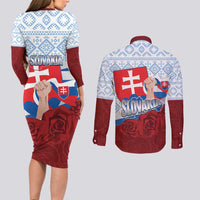 Slovakia Independence Day Couples Matching Long Sleeve Bodycon Dress and Long Sleeve Button Shirt Slovak Map With Rosa Slavic Pattern