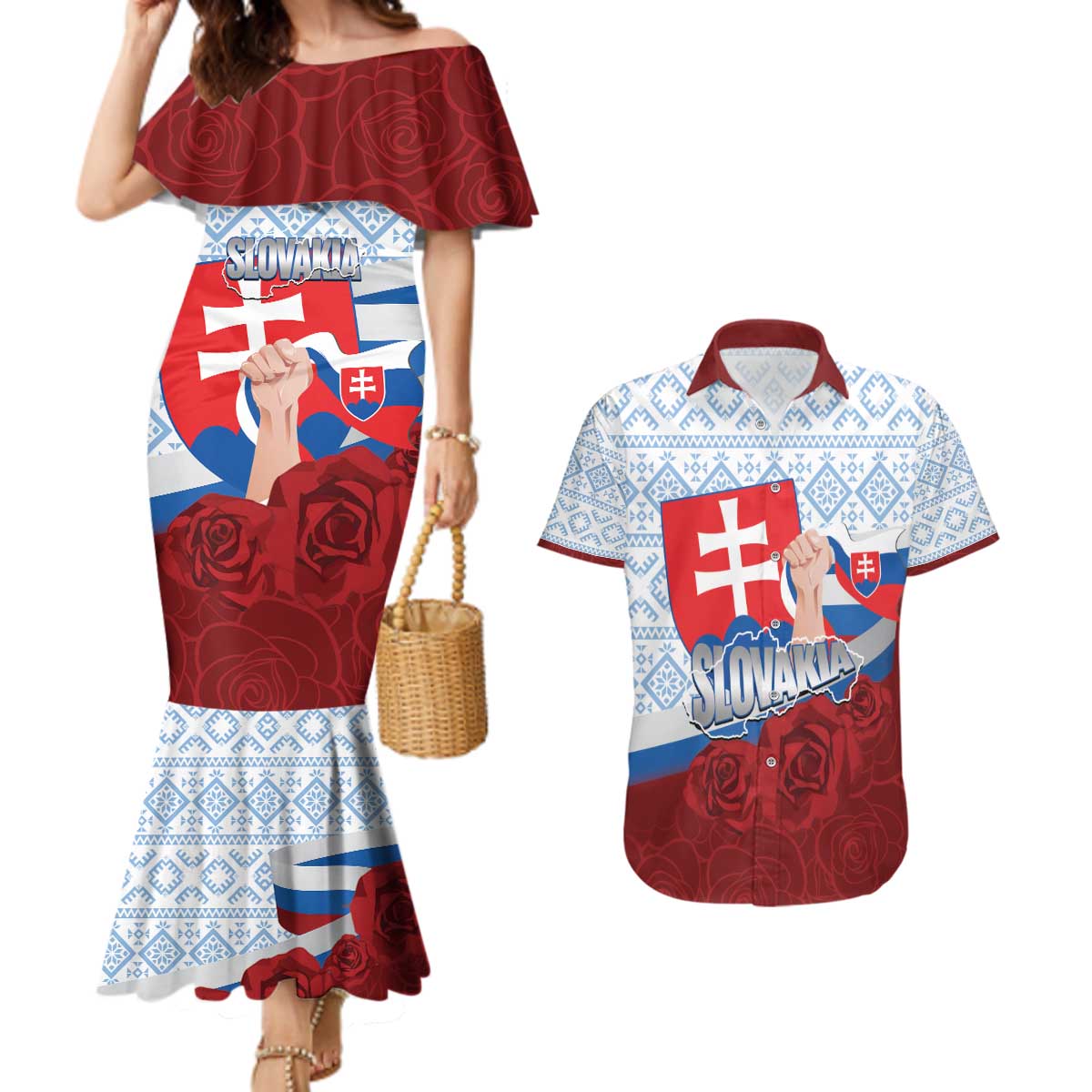 Slovakia Independence Day Couples Matching Mermaid Dress and Hawaiian Shirt Slovak Map With Rosa Slavic Pattern