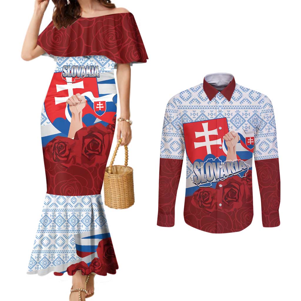 Slovakia Independence Day Couples Matching Mermaid Dress and Long Sleeve Button Shirt Slovak Map With Rosa Slavic Pattern