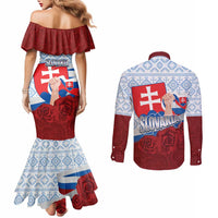 Slovakia Independence Day Couples Matching Mermaid Dress and Long Sleeve Button Shirt Slovak Map With Rosa Slavic Pattern